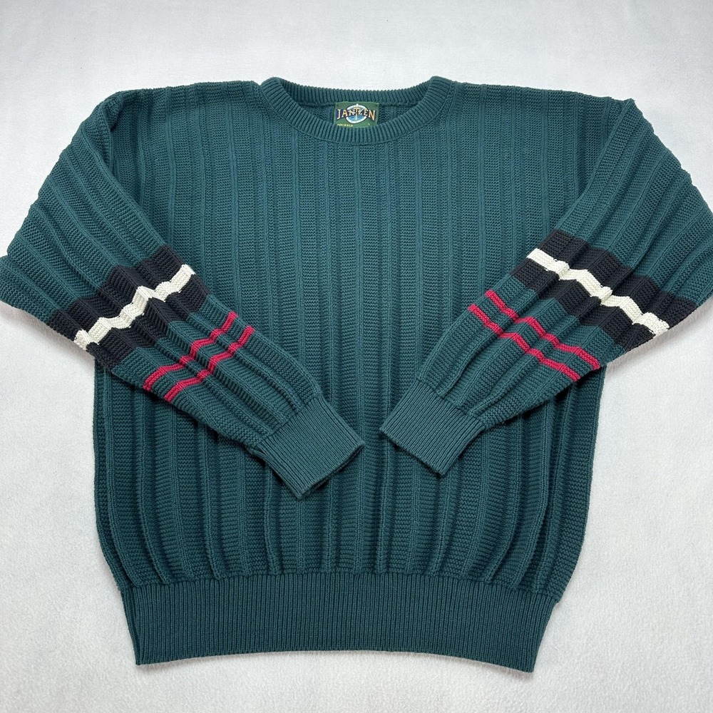 Vintage Jantzen Sweater Mens Large Green‎ Stripe Sleeve Knit Crewneck USA 90s